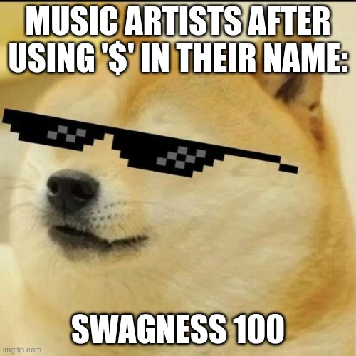 Music artists... are swag? | MUSIC ARTISTS AFTER USING '$' IN THEIR NAME:; SWAGNESS 100 | image tagged in sunglass doge,swag,funny,memes,dankmemes,artists | made w/ Imgflip meme maker