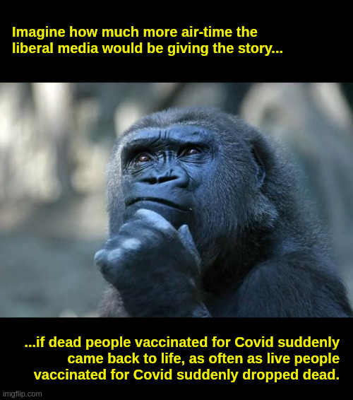 If Only Liberals Were This Smart | Imagine how much more air-time the
liberal media would be giving the story... ...if dead people vaccinated for Covid suddenly
came back to life, as often as live people
vaccinated for Covid suddenly dropped dead. | image tagged in thinking,liberals,vaccine,covid,media,big pharma | made w/ Imgflip meme maker