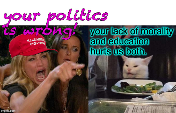 The MAGA problem in a nutshell. | your politics is wrong! your lack of morality
and education
hurts us both. | image tagged in memes,woman yelling at cat,maga | made w/ Imgflip meme maker