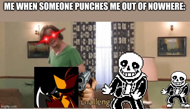 are you challenging me | ME WHEN SOMEONE PUNCHES ME OUT OF NOWHERE: | image tagged in are you challenging me | made w/ Imgflip meme maker
