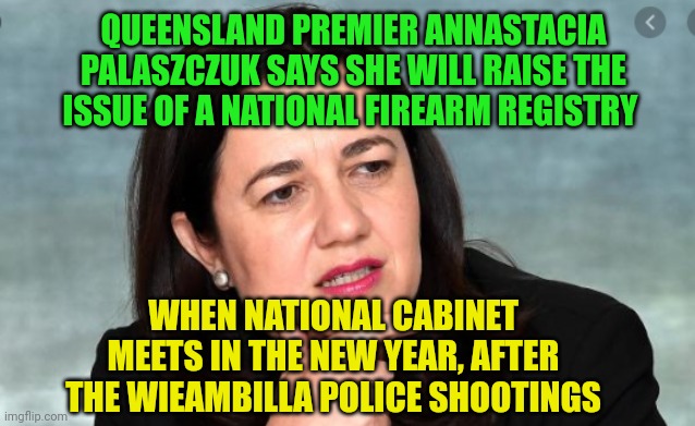 Palaszczuk to raise gun data with national cabinet to request tougher gun laws | QUEENSLAND PREMIER ANNASTACIA PALASZCZUK SAYS SHE WILL RAISE THE ISSUE OF A NATIONAL FIREARM REGISTRY; WHEN NATIONAL CABINET MEETS IN THE NEW YEAR, AFTER THE WIEAMBILLA POLICE SHOOTINGS | image tagged in queensland premier annastacia palaszczuk,guns,gun laws,gun control,shootout | made w/ Imgflip meme maker