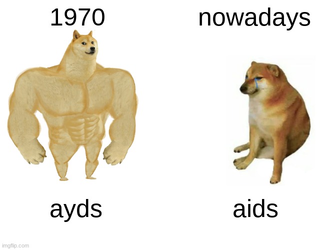 ayds and aids | 1970; nowadays; ayds; aids | image tagged in memes,buff doge vs cheems | made w/ Imgflip meme maker