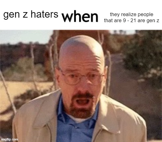 x when y | they realize people that are 9 - 21 are gen z; gen z haters | image tagged in x when y | made w/ Imgflip meme maker