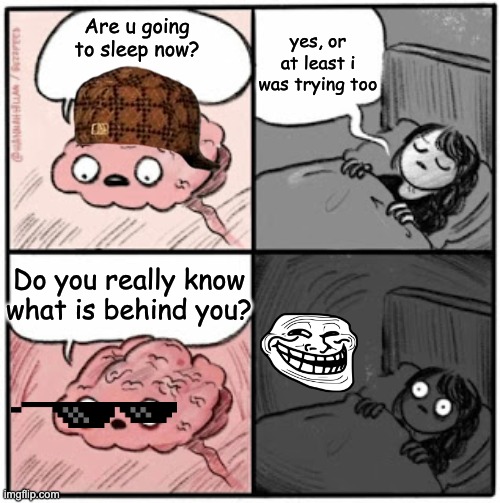 Brain Before Sleep | yes, or at least i was trying too; Are u going to sleep now? Do you really know what is behind you? | image tagged in brain before sleep | made w/ Imgflip meme maker