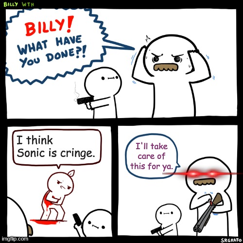 Sonic Fans Will Get Ya | I think Sonic is cringe. I'll take care of this for ya. | image tagged in billy what have you done | made w/ Imgflip meme maker