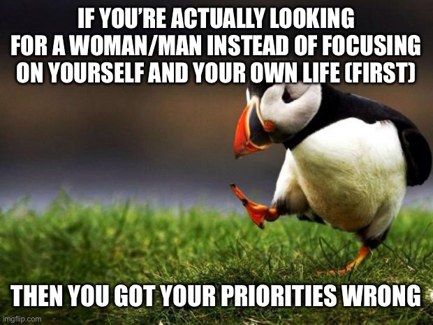 Unpopular Opinion Puffin | IF YOU’RE ACTUALLY LOOKING FOR A WOMAN/MAN INSTEAD OF FOCUSING ON YOURSELF AND YOUR OWN LIFE (FIRST); THEN YOU GOT YOUR PRIORITIES WRONG | image tagged in memes,unpopular opinion puffin | made w/ Imgflip meme maker