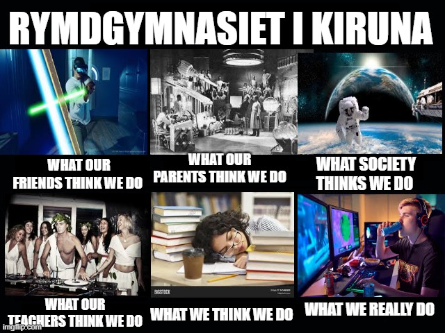 Rymdgymnasiet | RYMDGYMNASIET I KIRUNA; WHAT OUR PARENTS THINK WE DO; WHAT OUR FRIENDS THINK WE DO; WHAT SOCIETY THINKS WE DO; WHAT WE REALLY DO; WHAT OUR TEACHERS THINK WE DO; WHAT WE THINK WE DO | image tagged in what happens at rymdgymnasiet | made w/ Imgflip meme maker