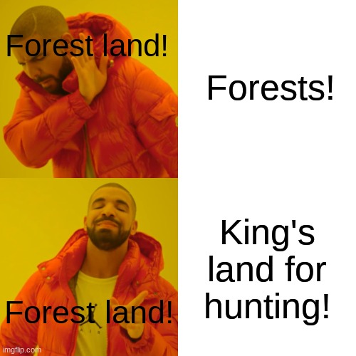 My history teacher teached me this defonition! | Forests! Forest land! King's land for hunting! Forest land! | image tagged in memes,drake hotline bling | made w/ Imgflip meme maker