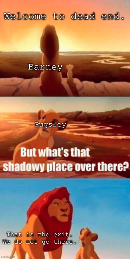 Mostly referring to season one | Welcome to dead end. Barney; Pugsley; That is the exit. We do not go there. | image tagged in memes,simba shadowy place | made w/ Imgflip meme maker