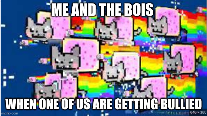 Do your friends do this? im sure they don"t | ME AND THE BOIS; WHEN ONE OF US ARE GETTING BULLIED | image tagged in nyan army | made w/ Imgflip meme maker