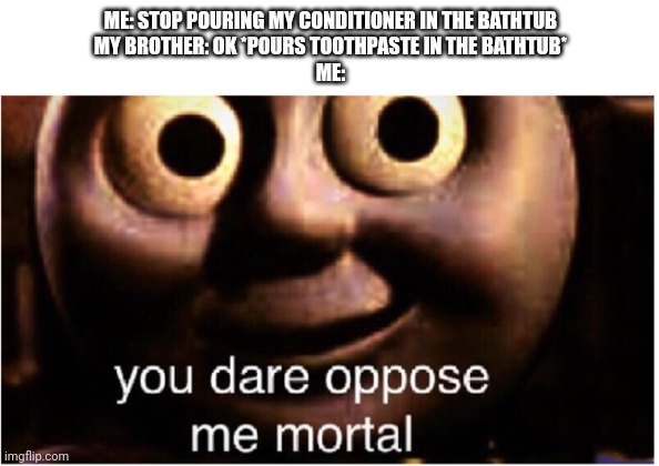you dare oppose me mortal | ME: STOP POURING MY CONDITIONER IN THE BATHTUB
MY BROTHER: OK *POURS TOOTHPASTE IN THE BATHTUB*
ME: | image tagged in you dare oppose me mortal | made w/ Imgflip meme maker