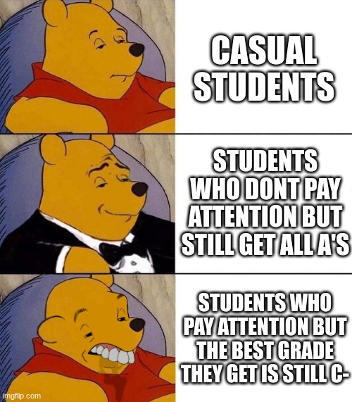 noice thingsy | CASUAL STUDENTS; STUDENTS WHO DONT PAY ATTENTION BUT STILL GET ALL A'S; STUDENTS WHO PAY ATTENTION BUT THE BEST GRADE THEY GET IS STILL C- | image tagged in best better blurst | made w/ Imgflip meme maker