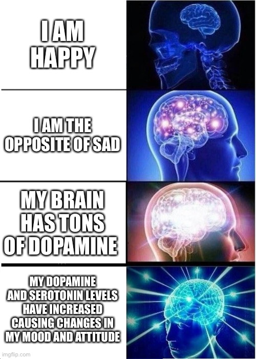 Expanding Brain Meme | I AM HAPPY; I AM THE OPPOSITE OF SAD; MY BRAIN HAS TONS OF DOPAMINE; MY DOPAMINE AND SEROTONIN LEVELS HAVE INCREASED CAUSING CHANGES IN MY MOOD AND ATTITUDE | image tagged in memes,expanding brain | made w/ Imgflip meme maker
