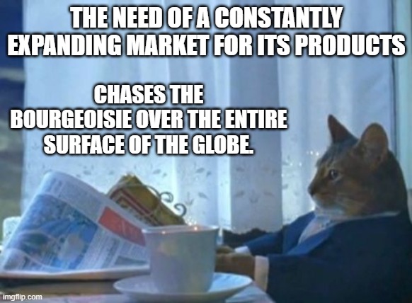 All that is solid melts into air cat | THE NEED OF A CONSTANTLY EXPANDING MARKET FOR ITS PRODUCTS; CHASES THE BOURGEOISIE OVER THE ENTIRE SURFACE OF THE GLOBE. | image tagged in memes,i should buy a boat cat | made w/ Imgflip meme maker
