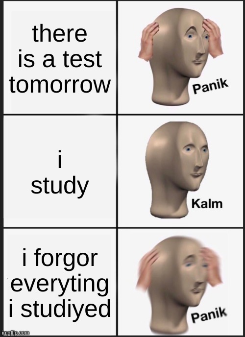 My asian mom is going to kill me :C | there is a test tomorrow; i study; i forgor everyting i studiyed | image tagged in memes,panik kalm panik | made w/ Imgflip meme maker
