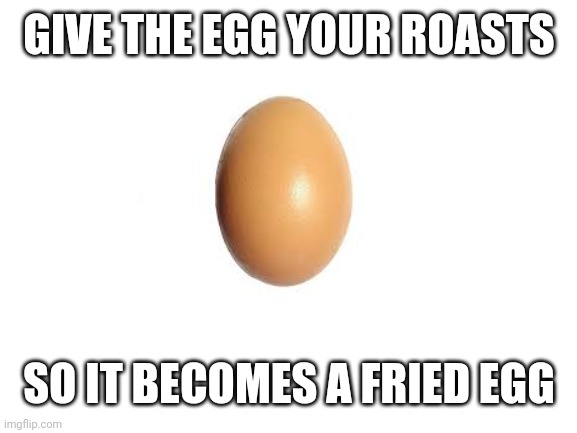 egg | GIVE THE EGG YOUR ROASTS; SO IT BECOMES A FRIED EGG | image tagged in blank white template | made w/ Imgflip meme maker