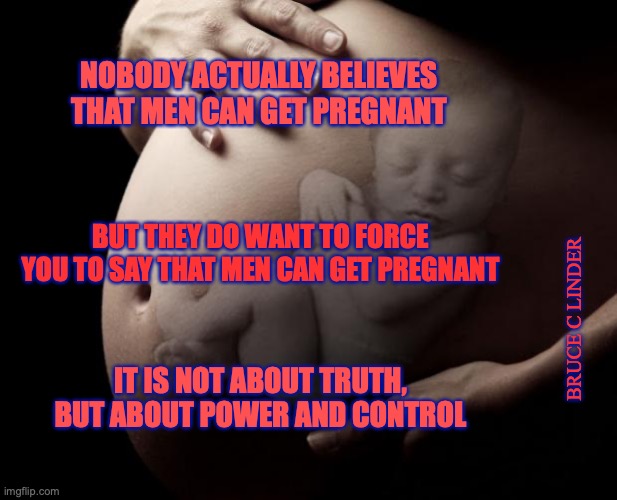 Control | NOBODY ACTUALLY BELIEVES THAT MEN CAN GET PREGNANT; BUT THEY DO WANT TO FORCE YOU TO SAY THAT MEN CAN GET PREGNANT; BRUCE C LINDER; IT IS NOT ABOUT TRUTH, BUT ABOUT POWER AND CONTROL | image tagged in pregnancy,power,control,men,women | made w/ Imgflip meme maker