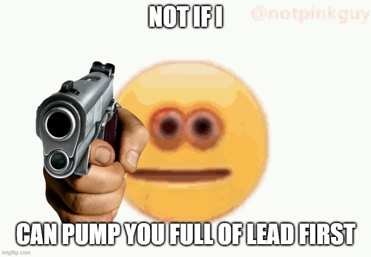 Cursed Emoji pointing gun | NOT IF I CAN PUMP YOU FULL OF LEAD FIRST | image tagged in cursed emoji pointing gun | made w/ Imgflip meme maker