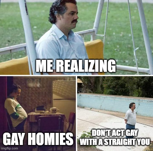 i think i need to jump off a bridge after making this | ME REALIZING; GAY HOMIES; DON'T ACT GAY WITH A STRAIGHT YOU | image tagged in memes,sad pablo escobar | made w/ Imgflip meme maker