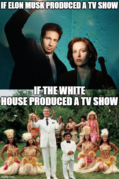 IF ELON MUSK PRODUCED A TV SHOW; IF THE WHITE HOUSE PRODUCED A TV SHOW | image tagged in x files,fantasy island | made w/ Imgflip meme maker