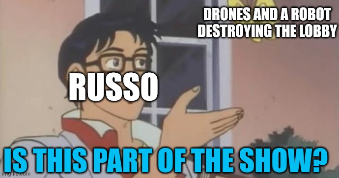 RB Battles Season 3 Concert | DRONES AND A ROBOT DESTROYING THE LOBBY; RUSSO; IS THIS PART OF THE SHOW? | image tagged in is this a pigeon,roblox | made w/ Imgflip meme maker