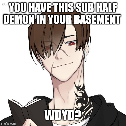 (Rules: any gender, dom oc preferred, no killing him, no hurting him... much) | YOU HAVE THIS SUB HALF DEMON IN YOUR BASEMENT; WDYD? | made w/ Imgflip meme maker