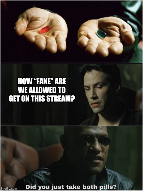 Did you just take both pills? | HOW “FAKE” ARE WE ALLOWED TO GET ON THIS STREAM? | image tagged in did you just take both pills | made w/ Imgflip meme maker