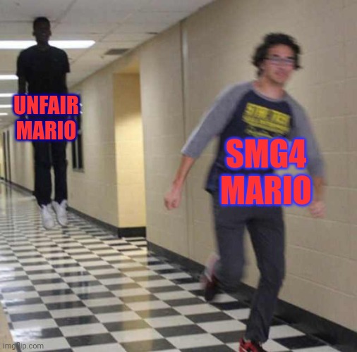 Just a random meme I thought of | UNFAIR MARIO; SMG4 MARIO | image tagged in floating boy chasing running boy,smg4,unfair mario | made w/ Imgflip meme maker