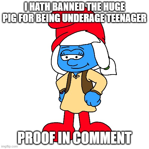Please give me value and approval | I HATH BANNED THE HUGE PIG FOR BEING UNDERAGE TEENAGER; PROOF IN COMMENT | image tagged in approval,values,smurfwillow kid | made w/ Imgflip meme maker