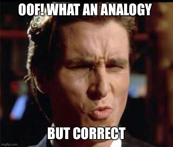 Christian Bale Ooh | OOF! WHAT AN ANALOGY BUT CORRECT | image tagged in christian bale ooh | made w/ Imgflip meme maker