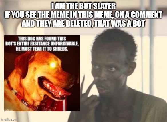 NO MORE BOTS ON THIS SITE | I AM THE BOT SLAYER
IF YOU SEE THE MEME IN THIS MEME, ON A COMMENT AND THEY ARE DELETED, THAT WAS A BOT | image tagged in memes,i'm the captain now | made w/ Imgflip meme maker
