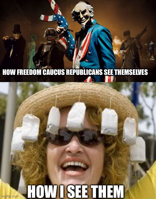 HOW FREEDOM CAUCUS REPUBLICANS SEE THEMSELVES; HOW I SEE THEM | image tagged in the purge uncle sam,tea party | made w/ Imgflip meme maker