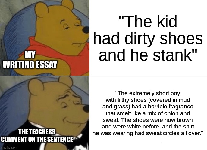 Teachers be like (English teachers) | "The kid had dirty shoes and he stank"; MY WRITING ESSAY; "The extremely short boy with filthy shoes (covered in mud and grass) had a horrible fragrance that smelt like a mix of onion and sweat. The shoes were now brown and were white before, and the shirt he was wearing had sweat circles all over."; THE TEACHERS COMMENT ON THE SENTENCE | image tagged in memes,tuxedo winnie the pooh | made w/ Imgflip meme maker