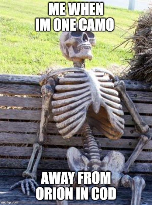 or dark eather in cold war | ME WHEN IM ONE CAMO; AWAY FROM ORION IN COD | image tagged in memes,waiting skeleton,cod,orion,camo grind | made w/ Imgflip meme maker