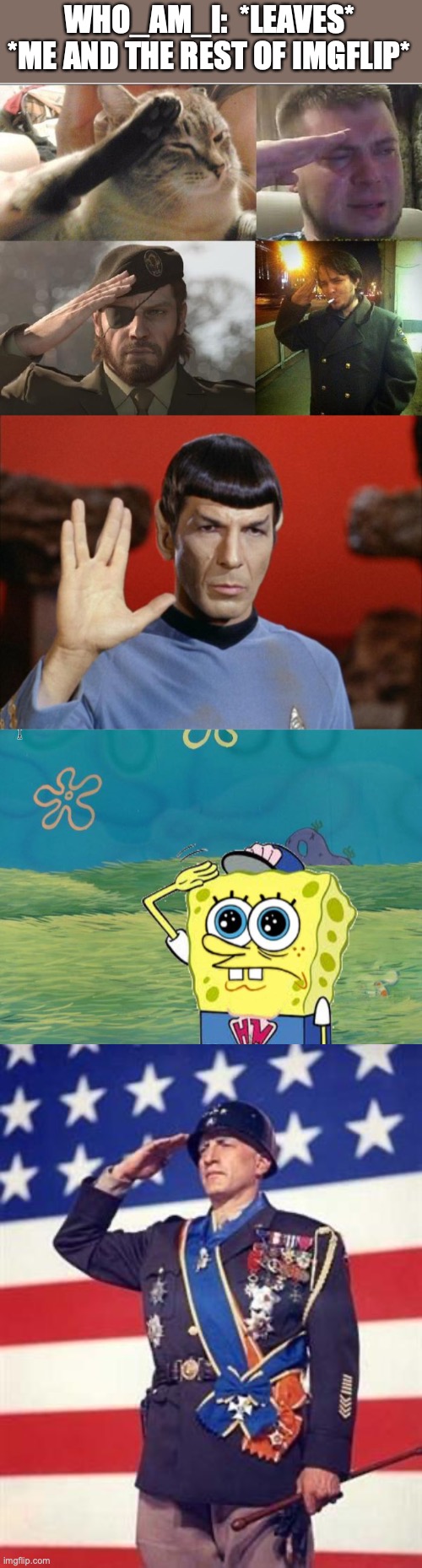 Upvote to Salute our fallen comrade Who_am_I | WHO_AM_I:  *LEAVES*
*ME AND THE REST OF IMGFLIP* | image tagged in ozon's salute,spock salute,spongebob salute,patton salutes you | made w/ Imgflip meme maker