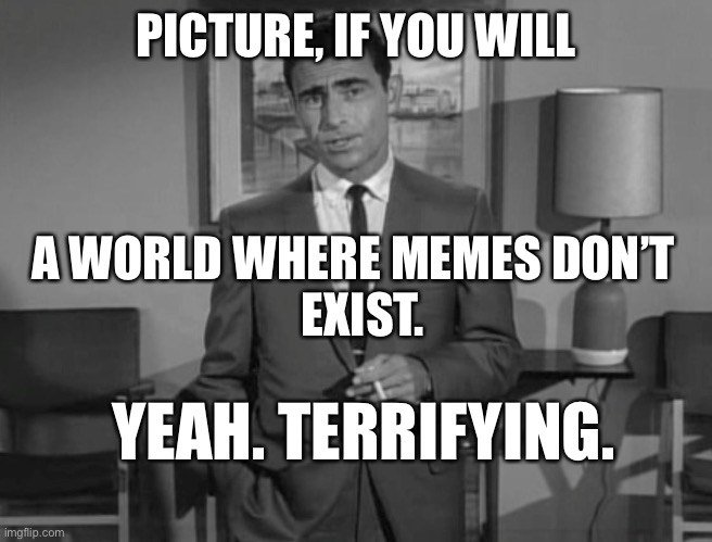 Enjoy it while it lasts! | PICTURE, IF YOU WILL; A WORLD WHERE MEMES DON’T 
 EXIST. YEAH. TERRIFYING. | image tagged in rod serling imagine if you will,memes | made w/ Imgflip meme maker