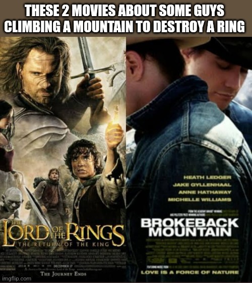 THESE 2 MOVIES ABOUT SOME GUYS CLIMBING A MOUNTAIN TO DESTROY A RING | image tagged in funny memes | made w/ Imgflip meme maker