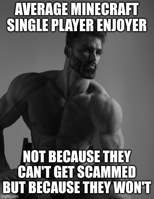 Giga Chad | AVERAGE MINECRAFT SINGLE PLAYER ENJOYER NOT BECAUSE THEY CAN'T GET SCAMMED BUT BECAUSE THEY WON'T | image tagged in giga chad | made w/ Imgflip meme maker