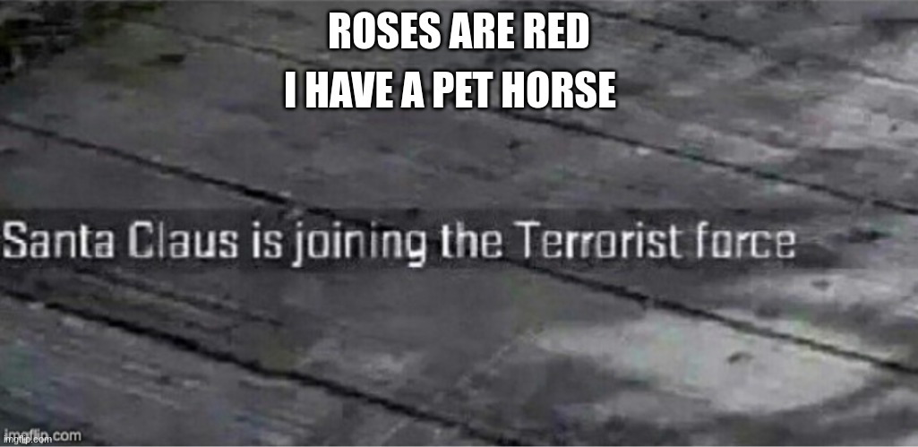 e | I HAVE A PET HORSE; ROSES ARE RED | image tagged in santa claus is joining the terrorist force | made w/ Imgflip meme maker