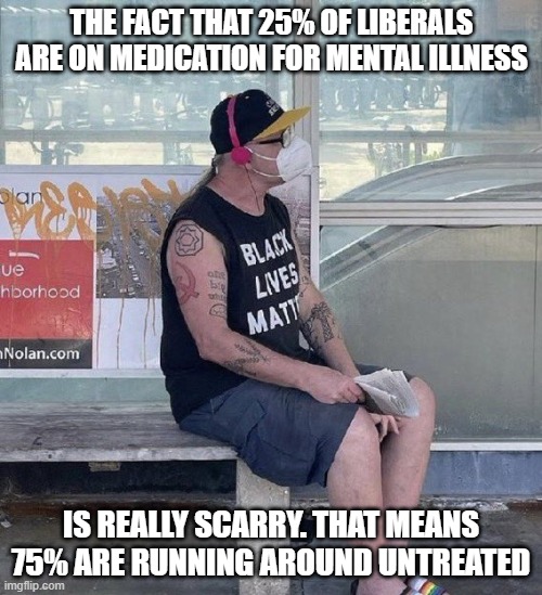 25% | THE FACT THAT 25% OF LIBERALS ARE ON MEDICATION FOR MENTAL ILLNESS; IS REALLY SCARRY. THAT MEANS 75% ARE RUNNING AROUND UNTREATED | image tagged in 25 | made w/ Imgflip meme maker