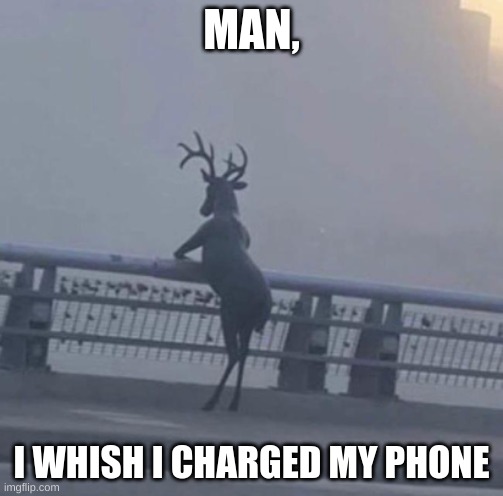 reposting my favourite meme i made (plz dont un feature imgflip moderater) | MAN, I WHISH I CHARGED MY PHONE | image tagged in deer | made w/ Imgflip meme maker