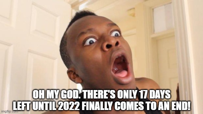 Only 17 Days Left Until 2022 Ends | OH MY GOD. THERE'S ONLY 17 DAYS LEFT UNTIL 2022 FINALLY COMES TO AN END! | image tagged in surprised ksi | made w/ Imgflip meme maker