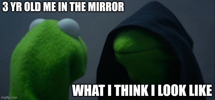 Evil Kermit | 3 YR OLD ME IN THE MIRROR; WHAT I THINK I LOOK LIKE | image tagged in memes,evil kermit | made w/ Imgflip meme maker