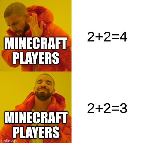 Drake Hotline Bling | 2+2=4; MINECRAFT PLAYERS; 2+2=3; MINECRAFT PLAYERS | image tagged in memes,drake hotline bling | made w/ Imgflip meme maker