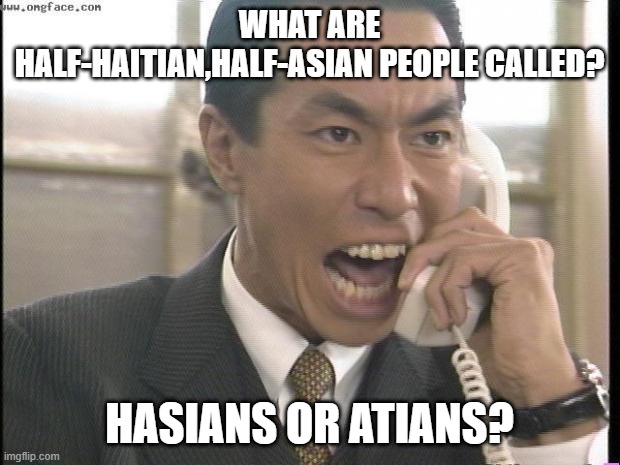 huh | WHAT ARE HALF-HAITIAN,HALF-ASIAN PEOPLE CALLED? HASIANS OR ATIANS? | image tagged in yelling asian guy | made w/ Imgflip meme maker