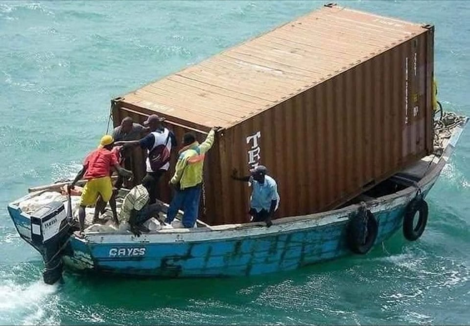 Shipping container on tiny boat Blank Meme Template