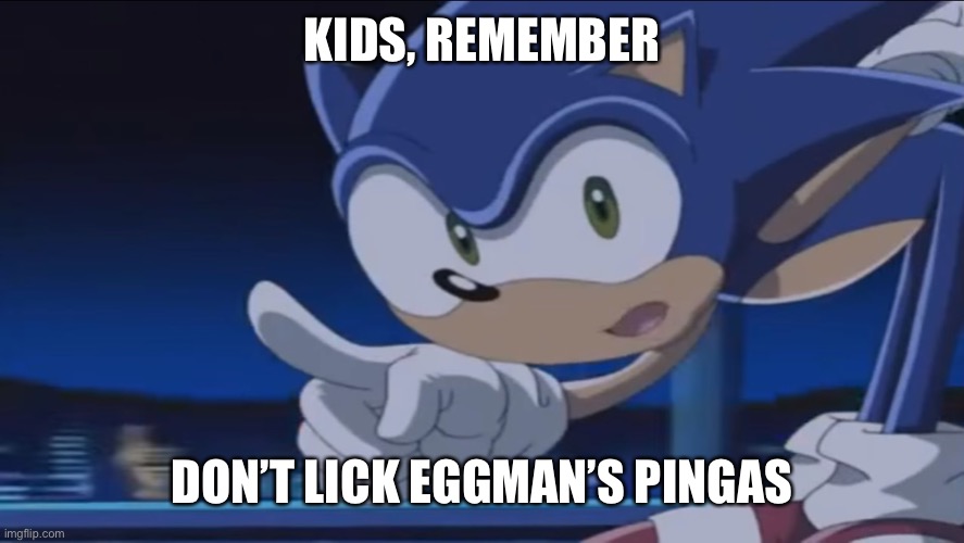 True | KIDS, REMEMBER; DON’T LICK EGGMAN’S PINGAS | image tagged in kids don't - sonic x | made w/ Imgflip meme maker
