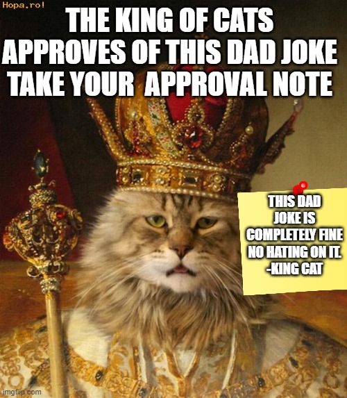 King cat | THIS DAD JOKE IS COMPLETELY FINE NO HATING ON IT.
-KING CAT THE KING OF CATS APPROVES OF THIS DAD JOKE TAKE YOUR  APPROVAL NOTE | image tagged in king cat | made w/ Imgflip meme maker