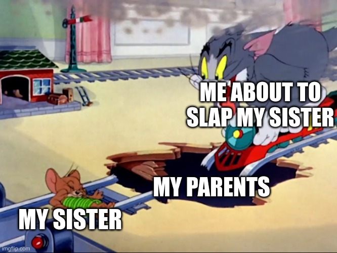 Tom and Jerry train | ME ABOUT TO SLAP MY SISTER; MY PARENTS; MY SISTER | image tagged in tom and jerry train | made w/ Imgflip meme maker