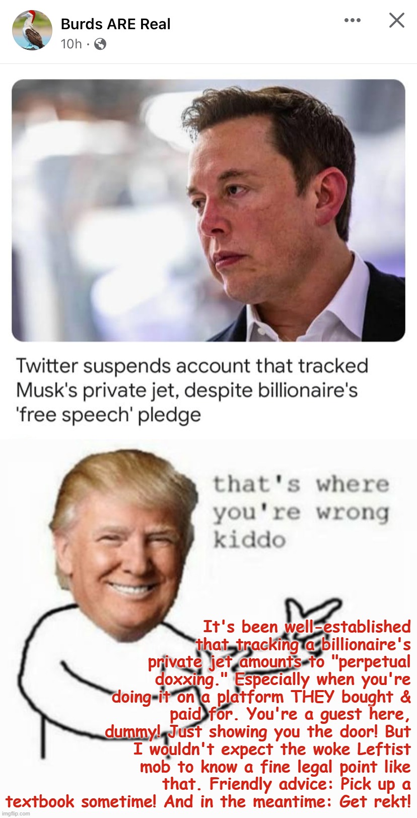 Elon Musk owns the Left yet again! I love this guy! | It's been well-established that tracking a billionaire's private jet amounts to "perpetual doxxing." Especially when you're doing it on a platform THEY bought & paid for. You're a guest here, dummy! Just showing you the door! But I wouldn't expect the woke Leftist mob to know a fine legal point like that. Friendly advice: Pick up a textbook sometime! And in the meantime: Get rekt! | image tagged in elon musk twitter hypocrite,that's where you're wrong,elon musk,private jet,free speech,not for you silly | made w/ Imgflip meme maker